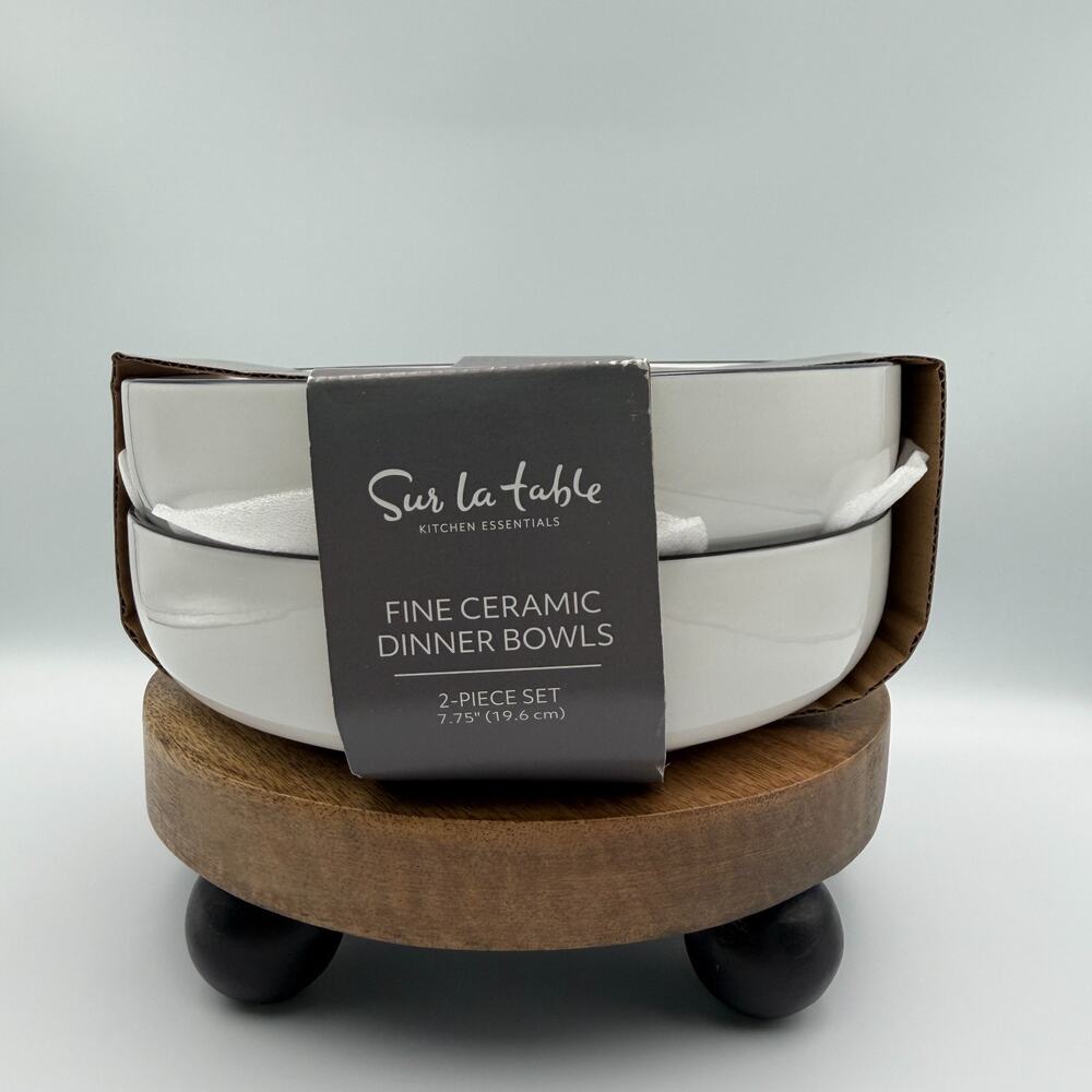 Sur La Table Fine Ceramic Dinner Bowls White Black Rim Set of 2 Pasta 7.75" NWT